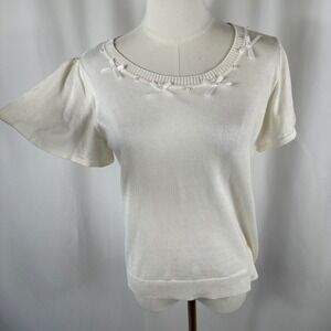 Coquette Bow Sweater Womens L White Pearl Embellished Short Sleeve Knitwear Top